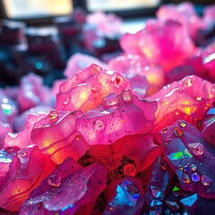 Iridescent geological formations bloom with amplified jewel tones, a dreamlike spectacle,  fantasy,  saturated