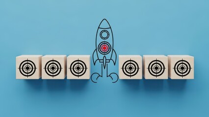 Rocket hitting target on wooden blocks with blue background