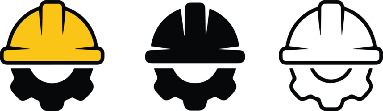 construction hard hat and gear engineer head icon trio