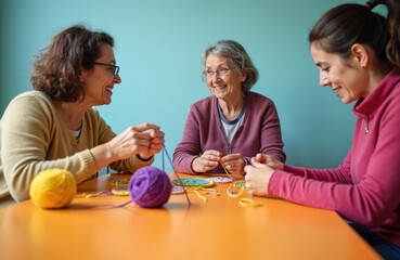 Three women friends learn crochet skills at table. Smiling group with yarn and needles creates textile art together. Enjoying hobby activity, developing fine motor skills, social connection.