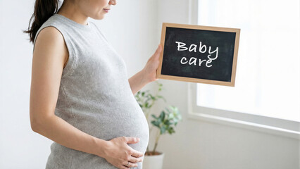 Pregnant woman holding a chalkboard with baby care written on it, standing in a bright room, anticipation and preparation for parenting, expecting mother maternity health happiness concept