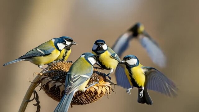 Four great tits perched on a sunflower head in a natural setting with blurred background