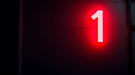 Neon sign number one on dark background with copy space for text