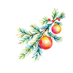 Vsai pine branch decorated with watercolor christmas ornaments