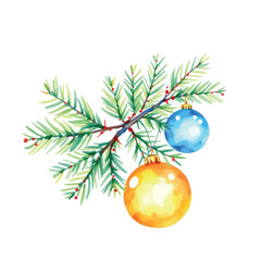 Vsai watercolor christmas fir branch with bauble ornaments