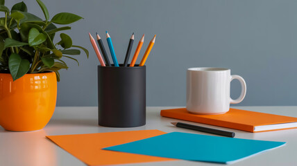 A modern desk setup with a vibrant color scheme featuring a plant, pencils, a mug, and notebooks