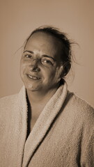 Woman Portrait Emotional Closeup Sepia. Alcoholism Concept Realistic Studio Neutral