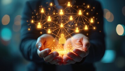 Person holds glowing golden network of people icons connected by lines. Represents global community, teamwork, digital connection. Shows interconnectedness, collaboration for business growth, success.