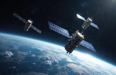 Obraz premium Three modern satellites orbit Earth in deep space. These advanced craft are equipped with solar panels and communication antennae, conducting vital research and observation missions across our planet.
