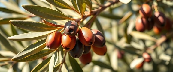 Close-up of ripe olives on branch, sunlit leaves,  orchard,  fruit