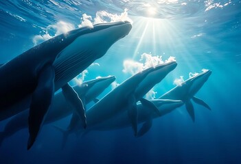 A pod of whales breaches, sunlight gleaming on their sleek bodies,  underwater,   nature photography