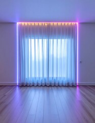 Room with illuminated, white curtains and wooden floor under colorful lights