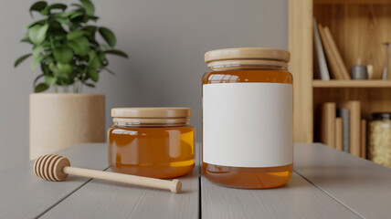 Two glass honey jars with wooden lids on a wooden table with a honey dipper and a potted plant in the background