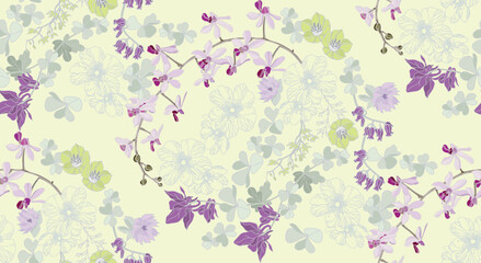 Flowers in shades of white, yellow and fuchsia, seamless pattern with beautiful flowers on a yellow background for wrapping paper, wallpaper print and textile.