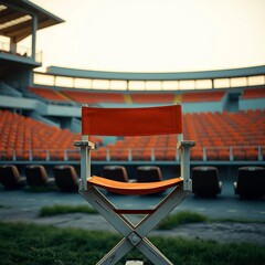 Director's chair, muted tones, cinematic tilt, weathered court  Orange seat, white frame, abandoned court, grassy verge, sporting legacy,  film grain,  sport