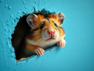 Cute hamster peeking from blue wall hole, surprised face, paws on edge,  domestic,  wall