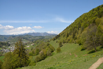 Obraz premium A wide panoramic view from a hillside path overlooking the rural village of Zasip nestled among the green valleys and distant snow capped Julian Alps in Slovenia