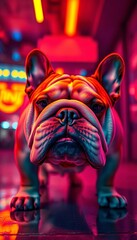 A stout bulldog bathed in electric hues, its scrunched face a masterpiece of chromatic energy, captured with a dramatic tilt,  distorted, bulldog