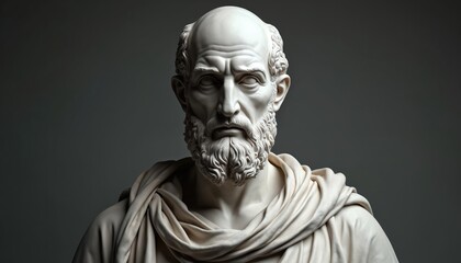 Marble bust of Hippocrates, ancient Greek physician. Sculpture shows man with beard wearing draped robe. Classic art, history, medicine symbol, thoughtful pose.