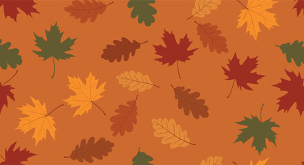 Obraz premium Seamless autumn pattern vector background with colorful falling maple and oak leaves in beautiful orange, red, yellow, and brown tones.