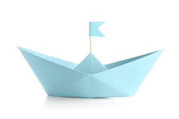 Blue paper boat with flag on white background