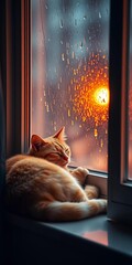 A ginger cat curls up by a rain-streaked window, bathed in warm, ambient light, a scene of quiet contentment,  mood,  soft lighting