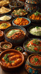 Mexican tacos buffet with colorful fillings, fresh ingredients, and vibrant presentation, perfect for food photography, restaurant menu, or festive culinary display