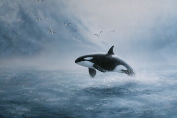 Painting of orca whale jumping in ocean under cloudy sky