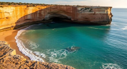 Dramatic view captures vibrant turquoise ocean water meeting high orange sedimentary cliffs and a secluded beach