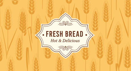 Vintage bakery advertising background with a 'Fresh Bread' label on a seamless pattern of golden wheat stalks for a classic look.