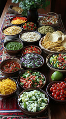 Mexican tacos buffet with colorful fillings, fresh ingredients, and vibrant presentation, perfect for food photography, restaurant menu, or festive culinary display
