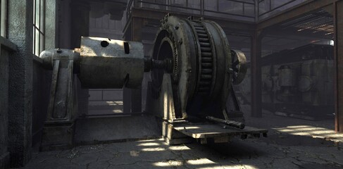 Industrial 3D illustration of a massive rusty generator in an abandoned factory. Sunlight streams through a window onto the cracked concrete floor, illuminating the heavy metal machinery.