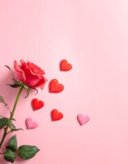 Rose and hearts a single coral rose lies next to assorted red and pink hearts on a light pink background