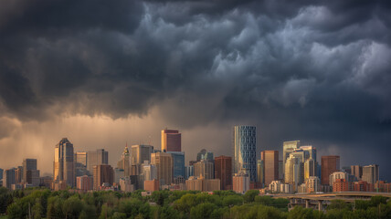 Fototapeta premium 暗雲に包まれそうな都市の迫力、嵐の前の壮大な景色
