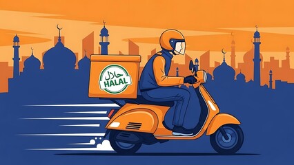 Fast Halal Food Delivery Scooter Vector Illustration with City Background