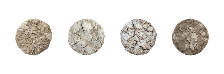 Cracked Earth Texture Samples Set. Soil Erosion And Environmental Impact Collection Isolated On Transparent Background