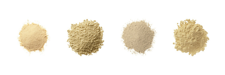 Assorted Protein Powder Piles Set. Nutritional Supplement And Fitness Collection Isolated On Transparent Background