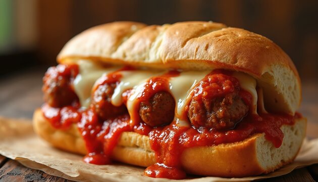 Meatball sub sandwich stuffed with cheesy meatballs and marinara sauce on a toasted bun, offering a rich, savory, and hearty comfort food meal.