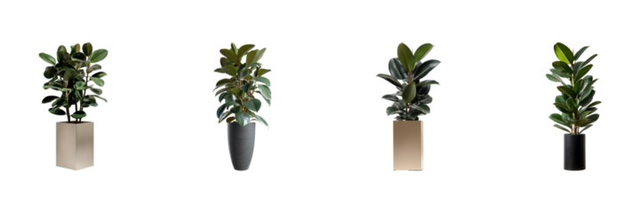 Potted Rubber Plants In Modern Planters Set. Indoor Greenery And Home Decor Collection Isolated On Transparent Background