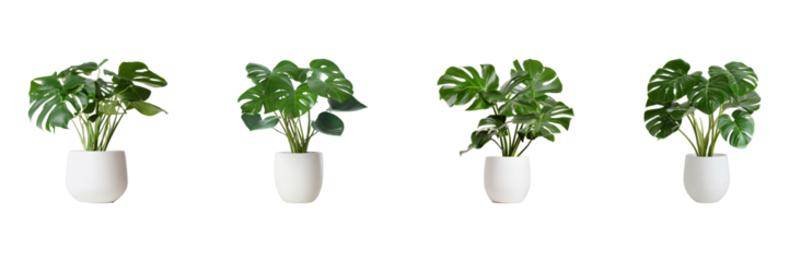 Potted Monstera Plants Set. Indoor Greenery And Home Decor Collection Isolated On Transparent Background
