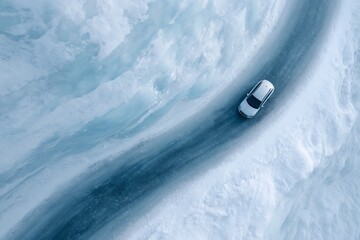 White car driving on icy mountain road in winter landscape