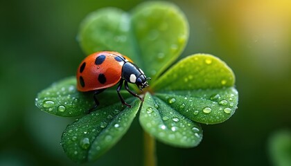 Fototapeta premium Red ladybug with black spots crawls on wet green four leaf clover, fresh dew drops glisten in sunlight. Macro view of small insect on plant in garden. Concept of good luck.