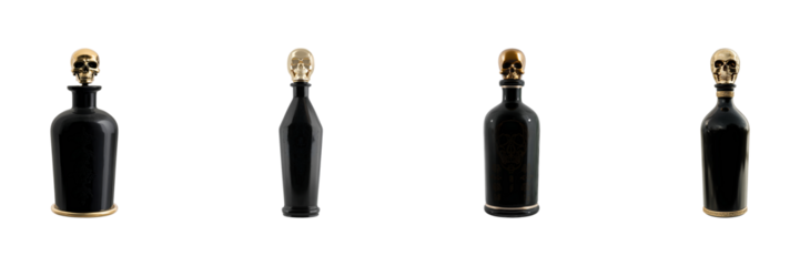 Black Bottles With Gold Skull Caps Set. Luxury And Gothic Design Collection Isolated On Transparent Background