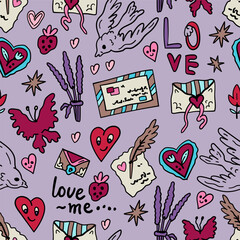 Seamless pattern for Valentine's Day. Love letters. Vector background with symbols of lovers. Hearts, messages, correspondence.