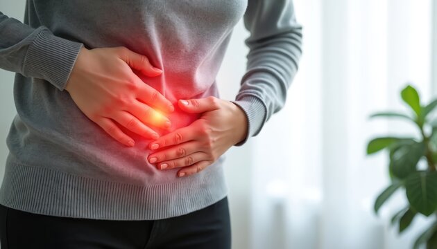 Woman holds her stomach feeling pain. Red highlights show discomfort in lower abdomen area. She experiences cramp or digestive issue, possible health problem.