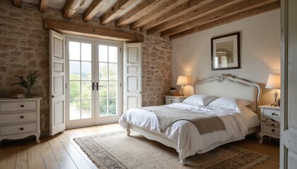 Elegant French country bedroom features stone walls and exposed wooden beams. A plush white bed, antique dressers, and double doors opening to plants create a serene retreat.