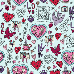 Love letters. Seamless pattern for Valentine's Day. Vector background with symbols of lovers. Hearts, messages, correspondence.