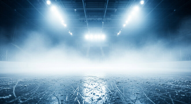 Empty ice rink with bright lights and fog, hockey arena interior, cold atmosphere, ice surface with scratches, stadium lighting, misty ambiance, frozen