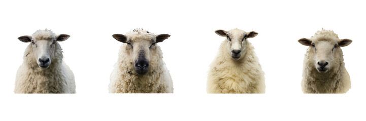 Sheep Portraits Set. Farm Animal Photography Collection Isolated On Transparent Background