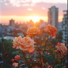 Roses blooming on a balcony with cityscape & golden sunset background
